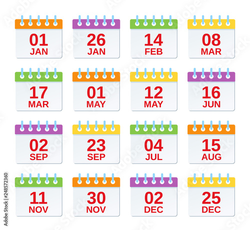 Calendar icon with dates. Vector. Set of annual appointments, yearly events template in flat design. Calendar organizer symbols isolated on white background. Color illustration. Computer graphic.