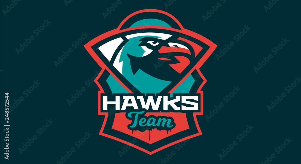 Logo of the hawk's head, shield. A dangerous predator, an animal, a bird, a mascot of a sports club. Vector illustration Logo of the hawk's head, shield. A dangerous predator, an animal, a bird, a mascot of a sports club. Vector illustration