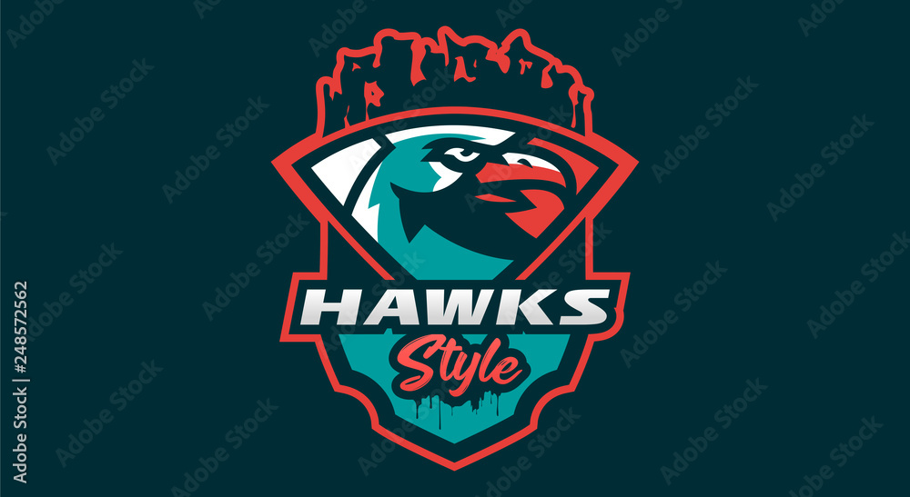 Logo of the hawk's head, shield. A dangerous predator, an animal, a bird, a mascot of a sports club. Vector illustration