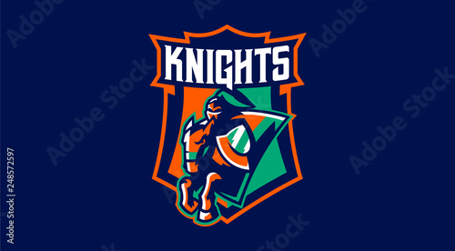 Knight emblem on horse. A warrior galloping on a horse, a knight in armor. Horseman, sword, shield, armor, stallion, hero, warrior. Vector illustration