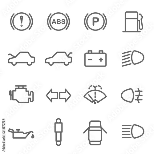 Car Dashboard Vector Line Icon Set. Contains such Icons as Parking, ABS,  Battery, Engine, Mechanic and more. Expanded Stroke Stock Vector