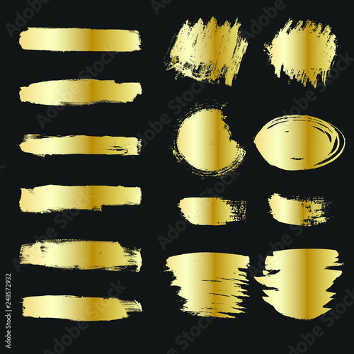 Set of golden paints, metallic gradient brush strokes, brushes, lines. Artistic design elements.
