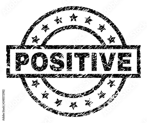 POSITIVE stamp seal watermark with distress style. Designed with rectangle, circles and stars. Black vector rubber print of POSITIVE title with retro texture.