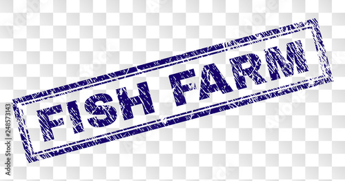 FISH FARM stamp seal print with rubber print style and double framed rectangle shape. Stamp is placed on a transparent background. Blue vector rubber print of FISH FARM text with grunge texture.