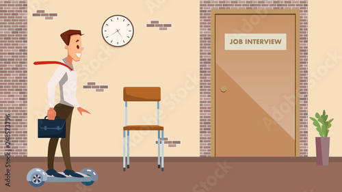 Office Man in Suit on Hover Board go to Interview