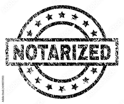 NOTARIZED stamp seal watermark with distress style. Designed with rectangle, circles and stars. Black vector rubber print of NOTARIZED title with unclean texture.