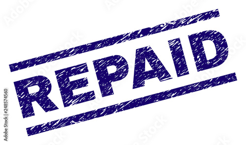 REPAID seal print with distress style. Blue vector rubber print of REPAID caption with unclean texture. Text tag is placed between parallel lines.