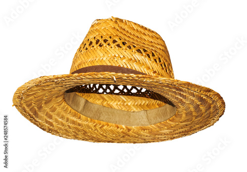 Fotografia Yellow straw hat on white background side view.