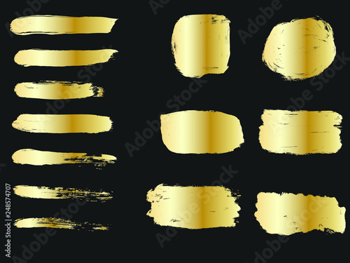 Set of golden paints, metallic gradient brush strokes, brushes, lines. Artistic design elements.