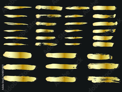 Set of golden paints, metallic gradient brush strokes, brushes, lines. Artistic design elements.