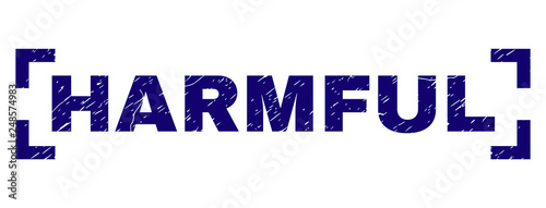 HARMFUL text seal print with grunge effect. Text label is placed between corners. Blue vector rubber print of HARMFUL with grunge texture.