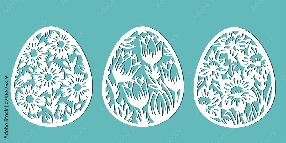 Tulip, cornflower, daffodil in the shape of an egg. Decorated eggs for Easter holidays. A set of templates for cutting paper, laser cutting and plotter. Vector. Tulip, cornflower, daffodil in the shape of an egg. Decorated eggs for Easter holidays. A set of templates for cutting paper, laser cutting and plotter. Vector.