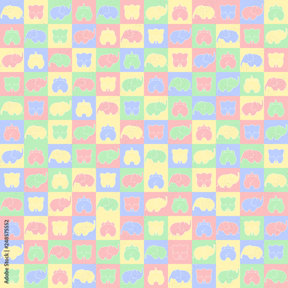 yellow, blue, green and pink elephants on squares. vector seamless pattern. simple geometric shapes. textile paint. repetitive background. fabric swatch. wrapping paper. modern stylish texture yellow, blue, green and pink elephants on squares. vector seamless pattern. simple geometric shapes. textile paint. repetitive background. fabric swatch. wrapping paper. modern stylish texture