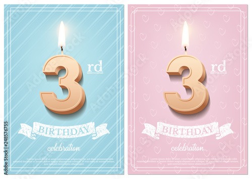 Burning number 3 birthday candle with vintage ribbon and birthday celebration text on textured blue and pink backgrounds in postcard format. Vector vertical third birthday invitation templates.