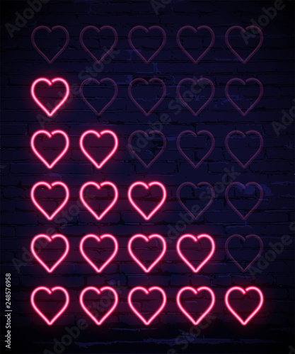 Set of pink neon hearts rating design elements isolated on dark brick wall. Vector kit of neon heart shapes for ranking interface.