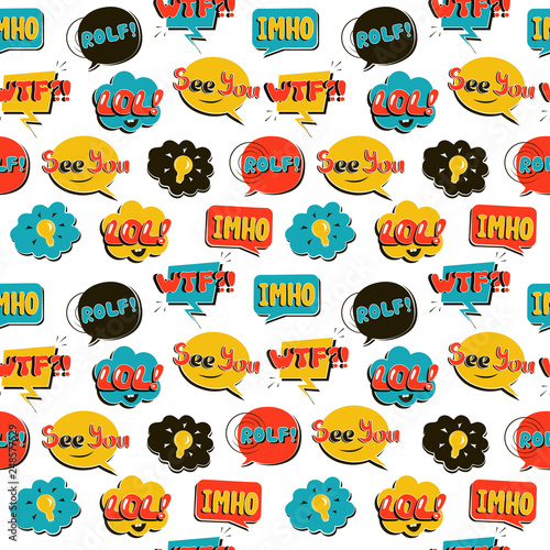 Modern Pop Art comic seamless pattern. Bright speech bubbles on the white background. Vector illustration