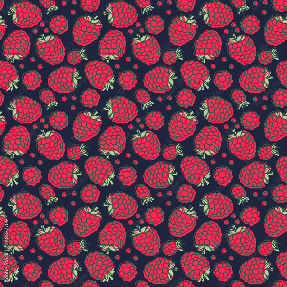 Raspberry seamless pattern. Hand drawn fresh berry. Vector sketch background. Doodle wallpaper. Red, dark blue and green print Stock Vector | Adobe Stock Raspberry seamless pattern. Hand drawn fresh berry. Vector sketch background. Doodle wallpaper. Red, dark blue and green print Stock Vector | Adobe Stock