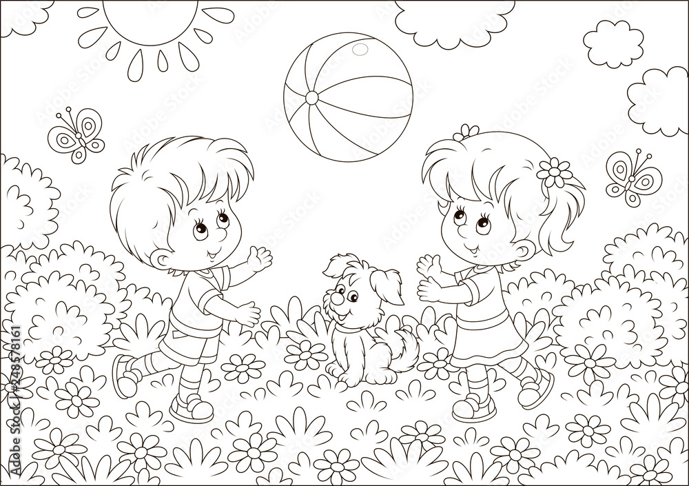 Fototapeta Małe dzieci grające w dużą piłkę w paski na placu zabaw w letnim parku, czarno-biała ilustracja wektorowa w stylu kreskówki dla kolorowanka