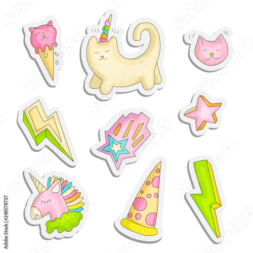 Cute funny Girl teenager colored stickers set, fashion cute teen and princess icons. Magic fun cute girls objects - unicorn, lightning, stars, cats pizza, ice cream draw icon patch collection.