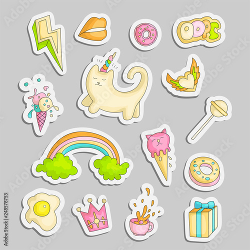 Cute funny Girl teenager colored stickers set, fashion cute teen and princess icons. Magic fun cute girls objects - unicorn, rainbows, eggs, crown, gift and other draw teens icon patch collection.
