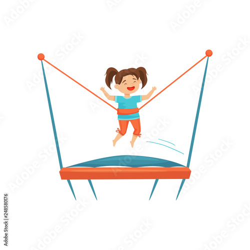 Cute preschool girl jumping on trampoline. Children recreation. Active leisure. Happy childhood. Flat vector design