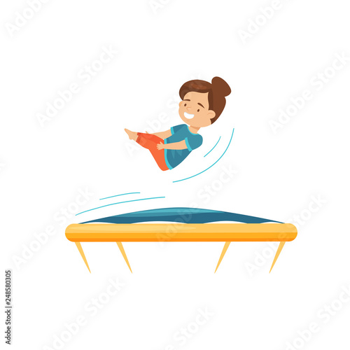 Cartoon little girl jumping on trampoline, practicing to do somersault. Active leisure. Flat vector design