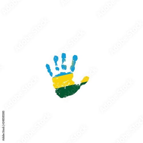 Rwanda flag and hand on white background. Vector illustration