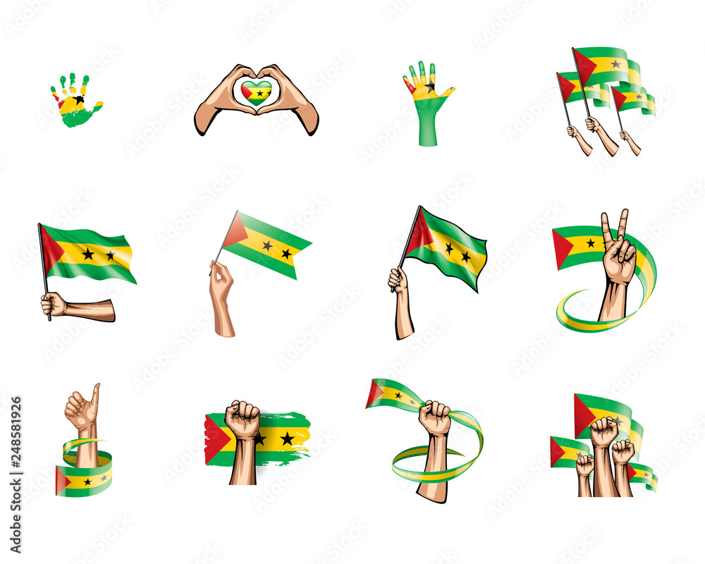 Sao Tome and Principe flag and hand on white background. Vector illustration Sao Tome and Principe flag and hand on white background. Vector illustration