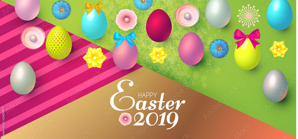 Happy Easter Design Template with Realistic Colorful Eggs, Spring Flowers and Grass.