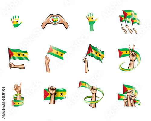 Sao Tome and Principe flag and hand on white background. Vector illustration © butenkow