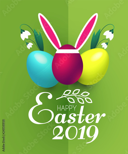 Happy Easter Card Template with Realistic Eggs, Flowers and Bunny Ears.