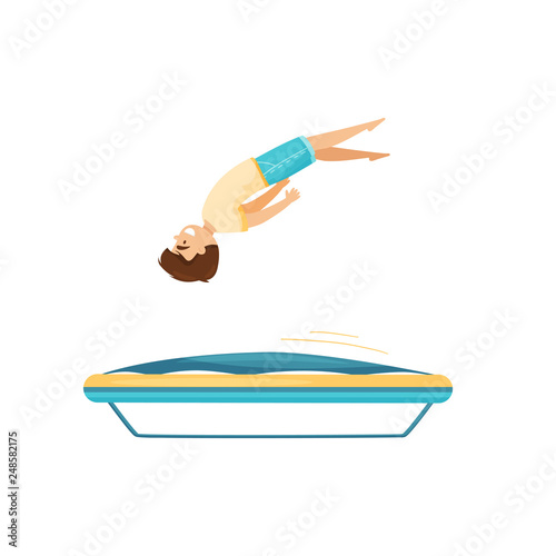 Boy jumping on trampoline, practicing to do somersault. Active leisure. Amusement center theme. Flat vector design