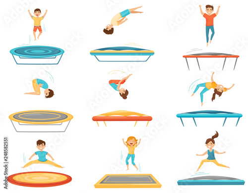 Flat vector set of kids jumping on trampolines. Happy boys and girls having fun. Active leisure. Children recreation