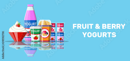 Yogurt or milky dessert set. Strawberry black currant cherry yogurt dessert. Food plastic glass, drinking bottle and cream bowl. Milk product. Organic healthy product. Vector illustration flat style