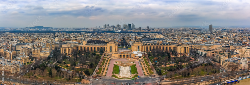 Panoramic view of Paris, France with the view onto Palais du Chaillot and the Defense district seen from the top of the Eiffel Tower or Tour Eiffel