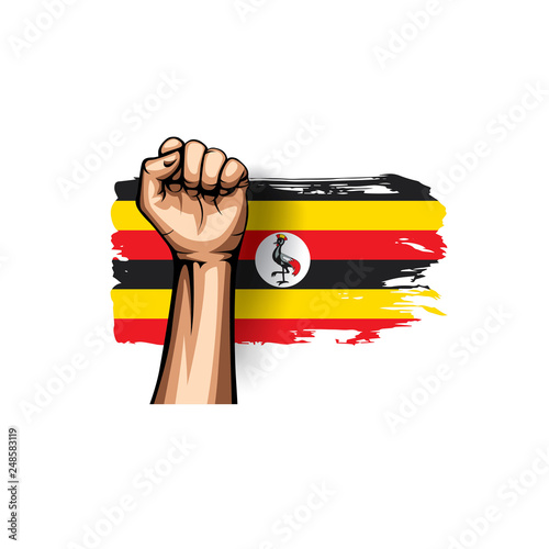 Uganda flag and hand on white background. Vector illustration