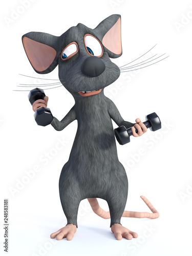 3D rendering of a cartoon mouse doing a workout with dumbbells. © Sarah Holmlund