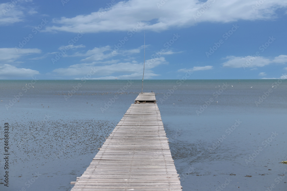 Obraz premium A wooden bridge that stretches to the sea on a clear day – Image 