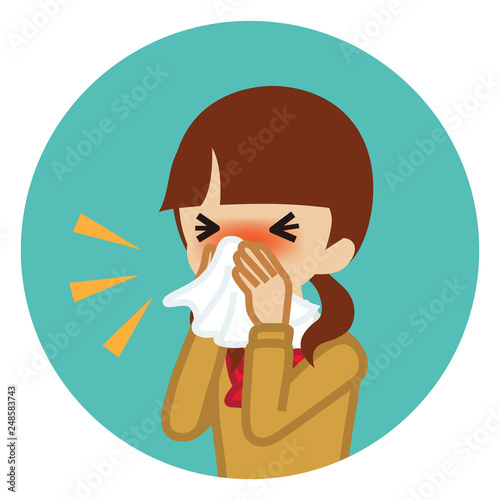 Female student blowing nose with a tissue - Circular icon