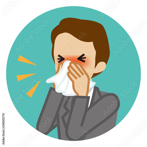 Businessman blowing nose with a tissue - Circular icon