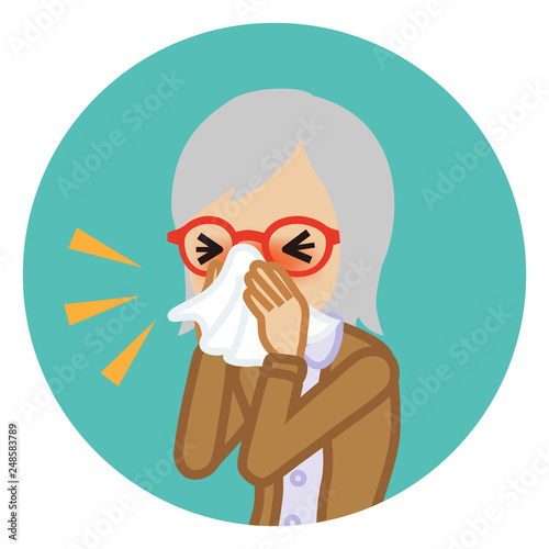 Senior woman blowing nose with a tissue - Circular icon