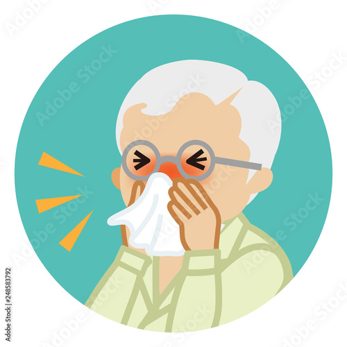 Senior man blowing nose with a tissue - Circular icon