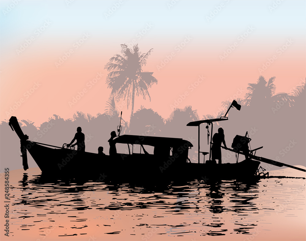 Long Tail Boat On Sunset. Vector Silhouette.	