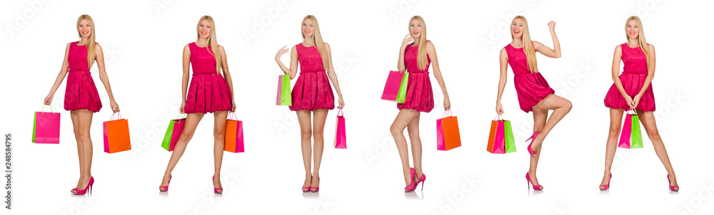 Woman after good christmas shopping isolated on white