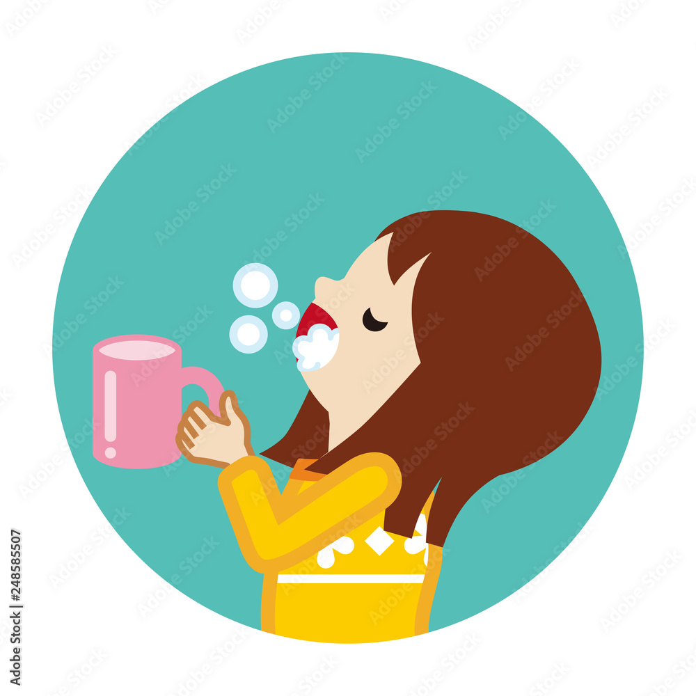 Toddler girl gargling with water for prevent cold - Circular icon Toddler girl gargling with water for prevent cold - Circular icon
