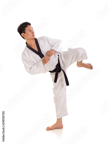 Karate guy snap kick, white background