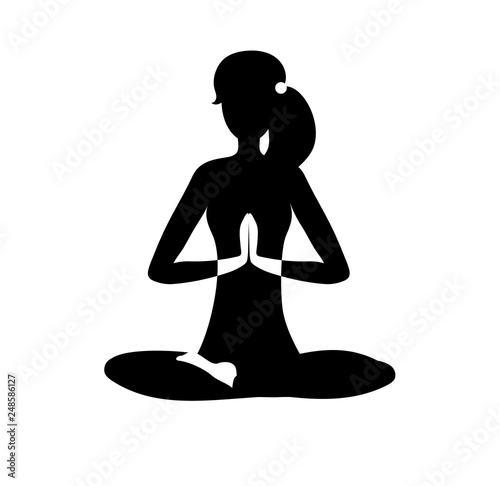 Vector illustration The girl is engaged in yoga and calm down. Black silhouette of a slim woman meditating in lotus pose isolated on white. Motivational card, poster design for practice.