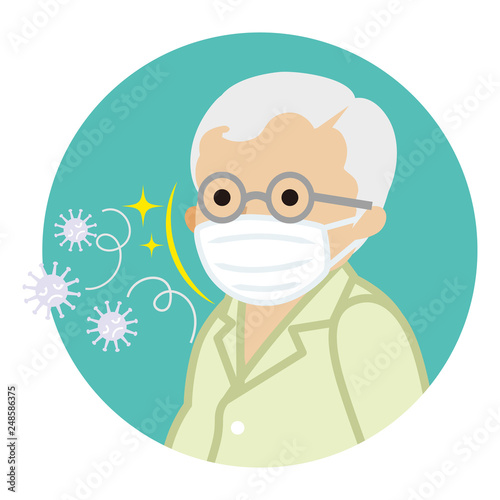 Senior man wearing a mask for prevent flu virus - Circular icon