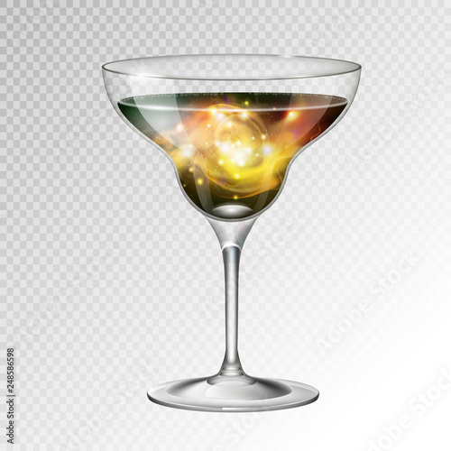 Realistic vector illustration of cocktail margarita glass with space background inside