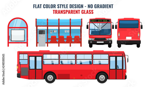 City Bus and Bus stop, side front and back view. Flat color style vector illustration.